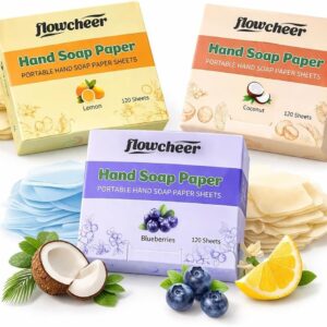 flowcheer Paper Soap Sheets (360 Pcs) - Lemon, Coconut, Blueberry Scents, Portable Travel Soap Sheets, Eco Dissolvable for Camping, Travel, Hiking, Outdoor & On-the-Go Hand Washing